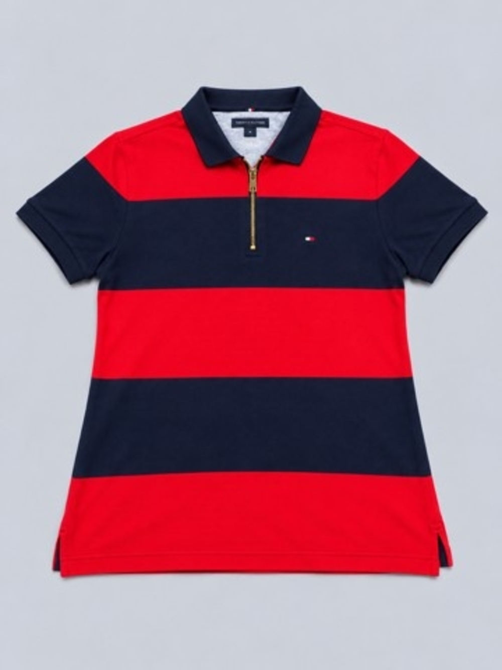 Tommy Hilfiger Womens Red & Navy Wide-Stripe Zip Polo
